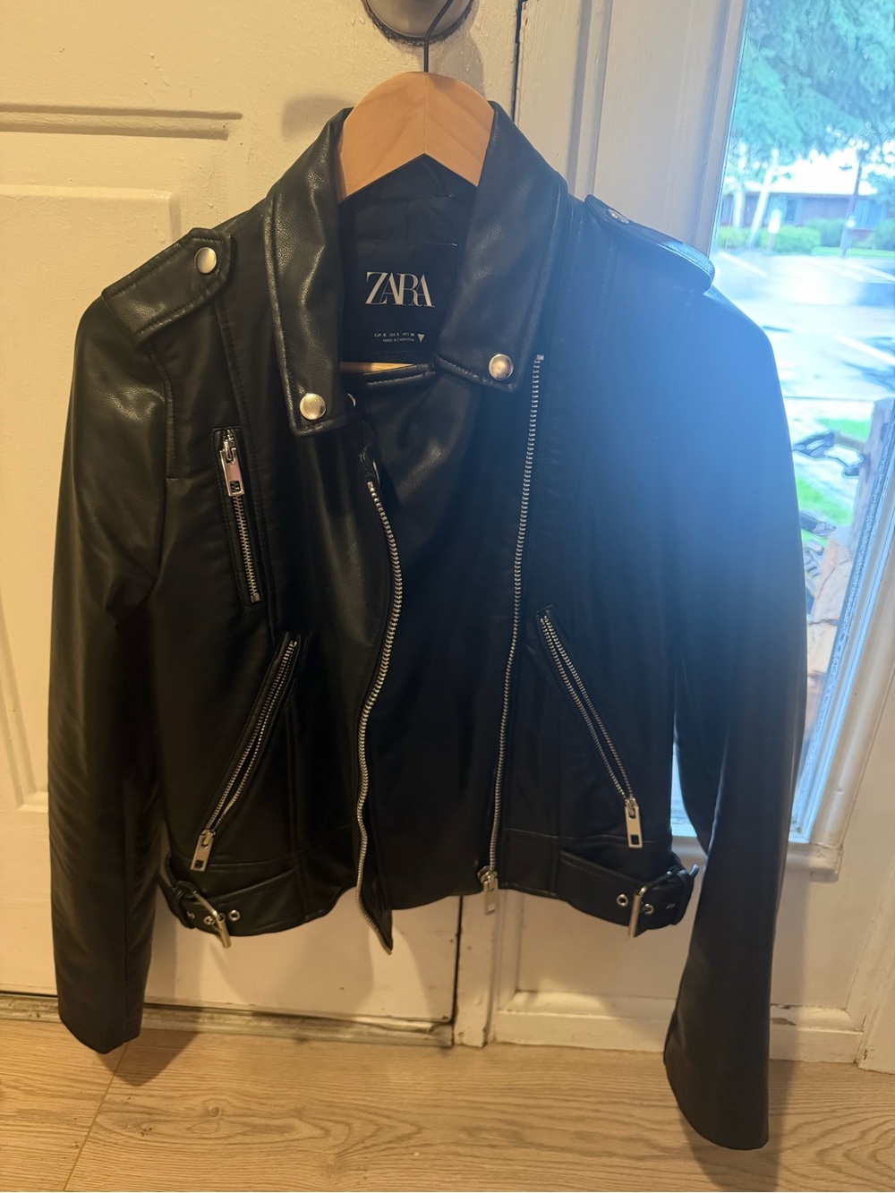 ZARA Black Faux Leather Biker Jacket with Silver Hardware